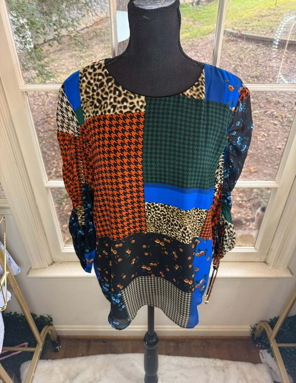Calvin Klein Blouse Size L Multicolor Patchwork Houndstooth Floral